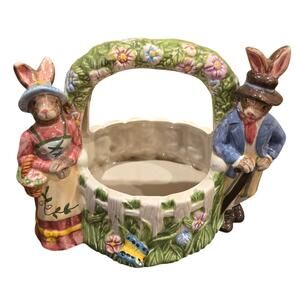 Easter Ceramic Mr Mrs Rabbit Handle Basket Vintage 7.5"